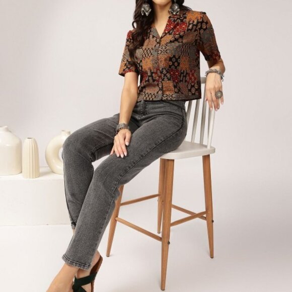 Black & Multi-Coloured Ethnic Print Crop Shirt Top, Cuban Collar, Short Sleeves - Picture 6 of 7